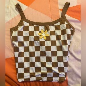 Flower tank top ~ brown and white checkered